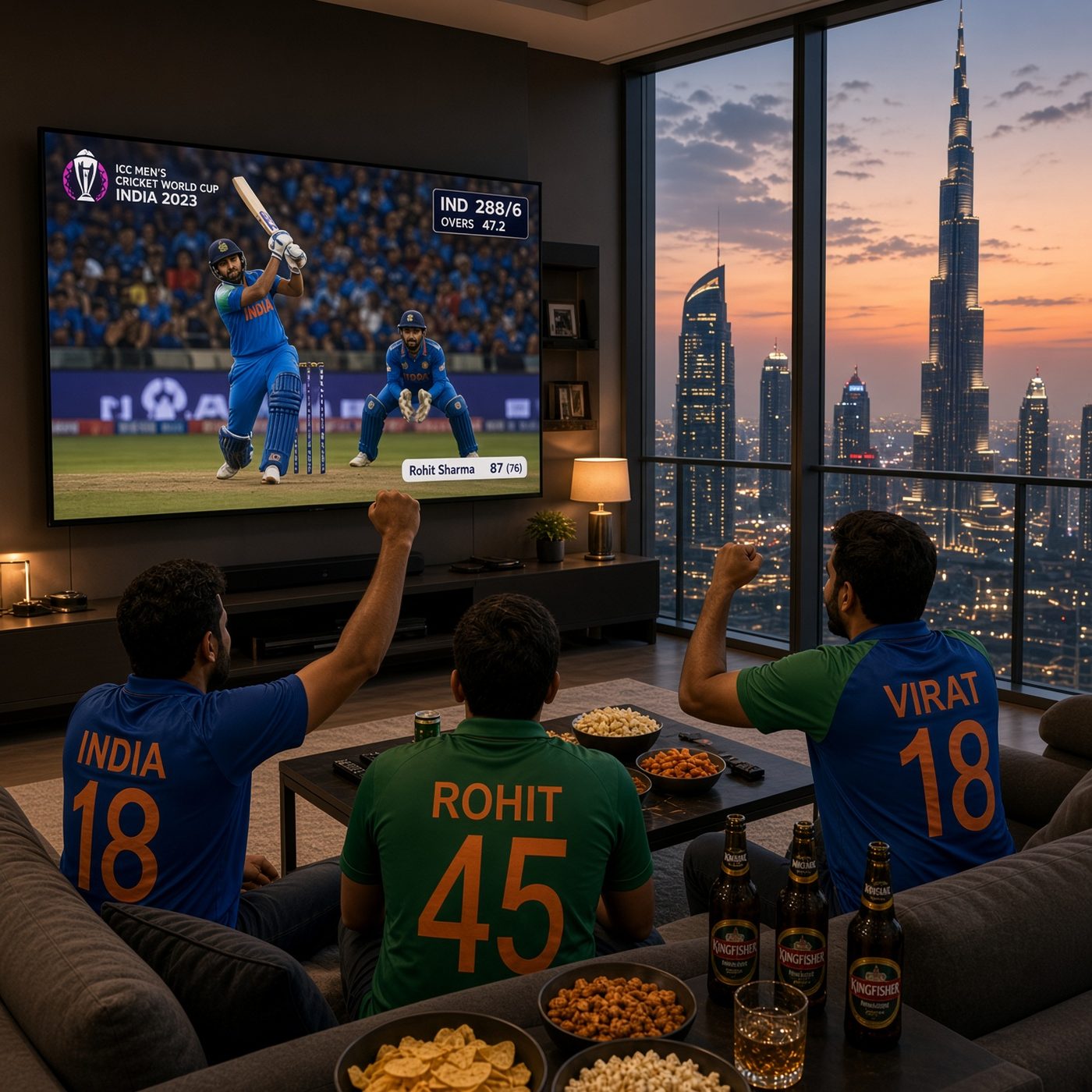 Friends watching cricket together with an IPTV Subscription Dubai in a skyline apartment