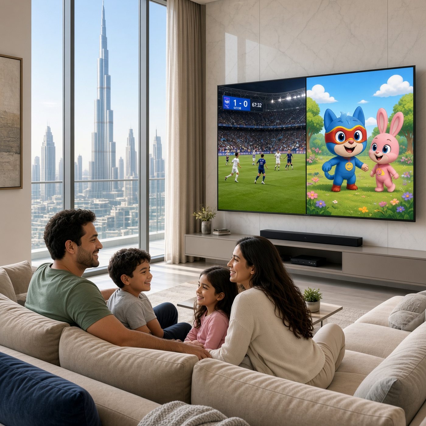 Family watching sports and kids cartoons split-screen with IPTV Package Dubai