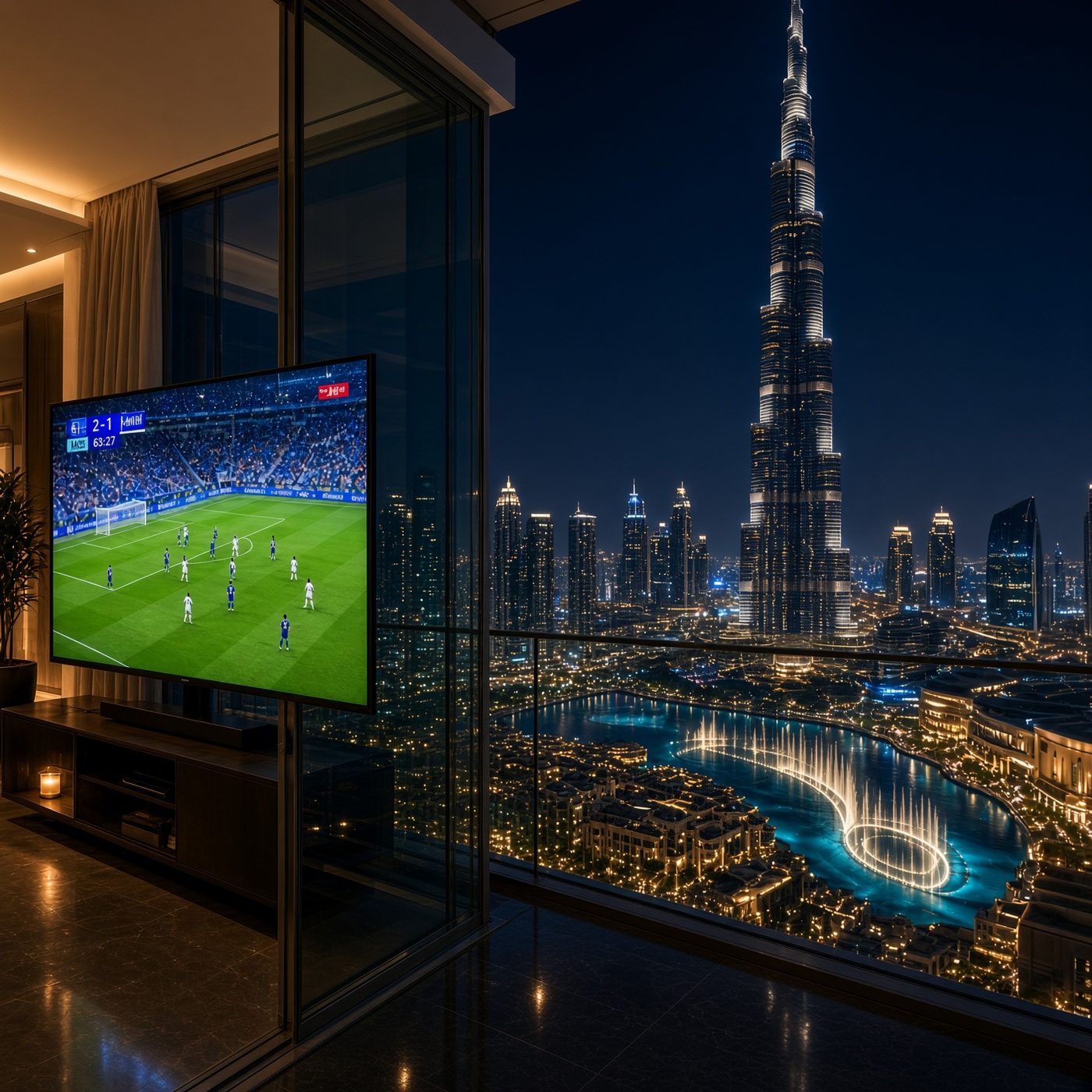 IPTV Package Dubai live sports streaming in 4K on a smart TV overlooking Burj Khalifa at night