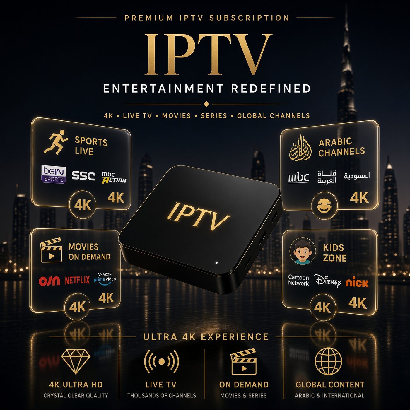 IPTV Package Dubai: IPTV Subscription Dubai with 4K streaming set-top box and the Dubai skyline