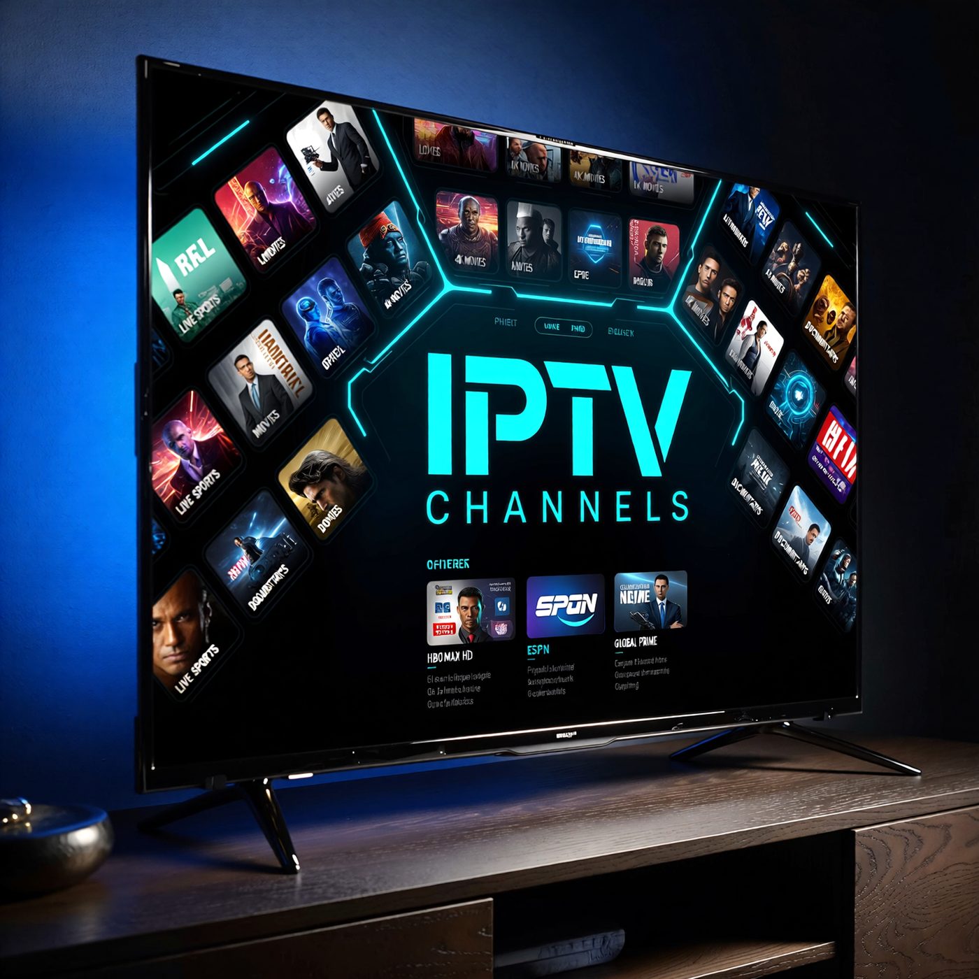 IPTV Subscription Dubai channel overview on a smart TV with blue ambient lighting