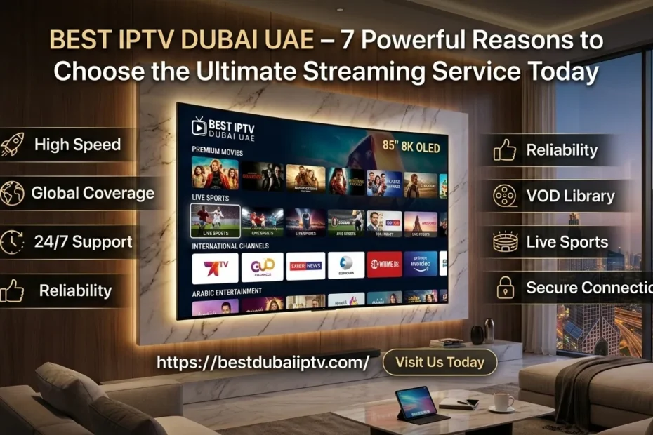 Best IPTV Dubai UAE streaming service showing HD live channels and sports on Smart TV